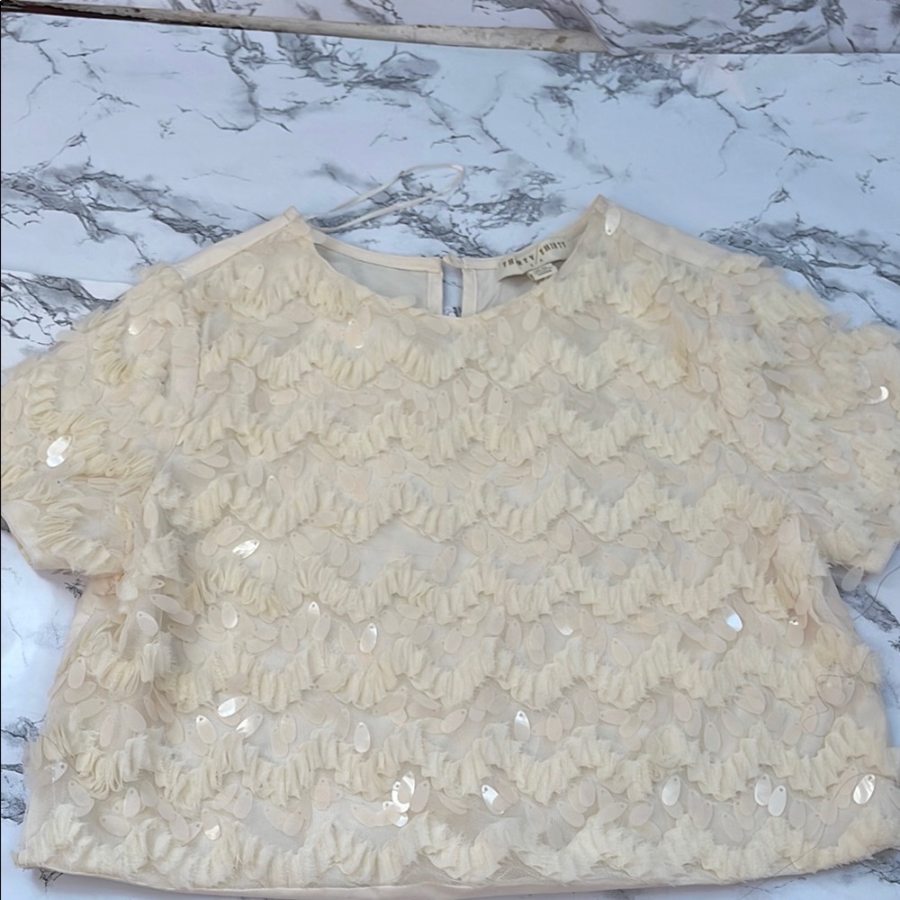 Cream Sequin Crop Blouse with Short Sleeves